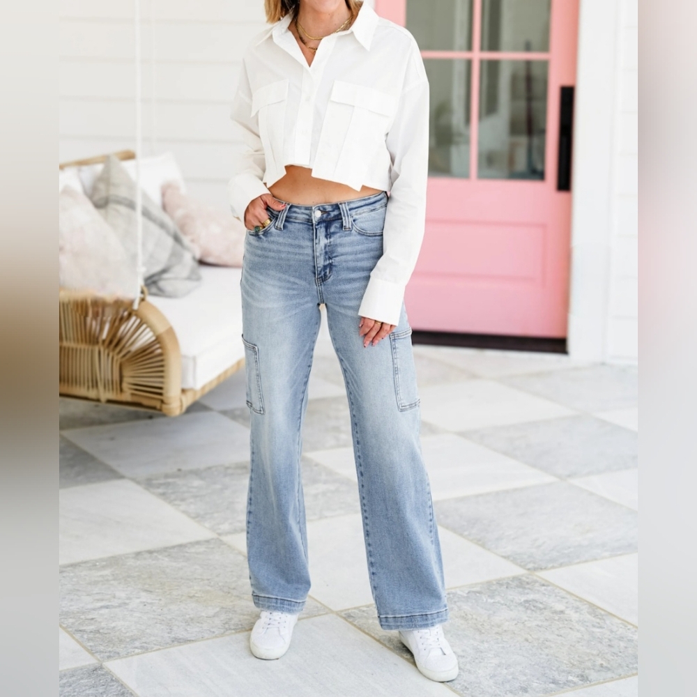 Judy Blue High Rise Light Wash Straight Wide Leg Cargo Jeans Regular Plus NEW - Picture 7 of 16
